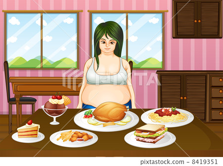 A young fat lady in front of the table with foods 8419351