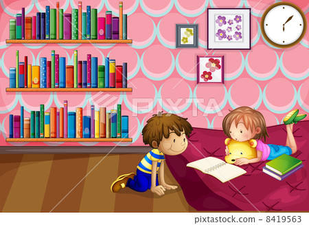 A girl and a boy reading inside a room A girl and a boy reading inside a room 8419563