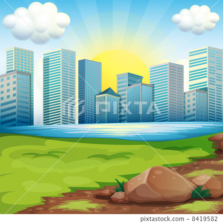 A view of the tall buildings under the bright sun 8419582