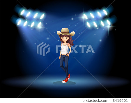 A lady wearing a hat standing at the stage under the spotlights A lady wearing a hat standing at the stage under the spotlights 8419601