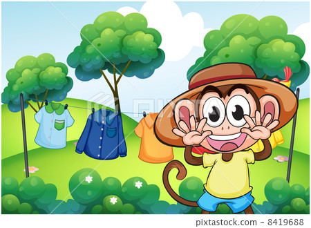 A monkey in front of the hanging clothes at the hill 8419688