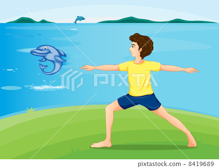 A boy exercising at the riverbank A boy exercising at the riverbank 8419689