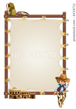 An empty frame banner with a cowboy and saloon bars 8419712