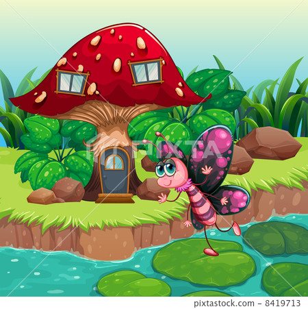 A butterfly waving near the red mushroom house A butterfly waving near the red mushroom house 8419713