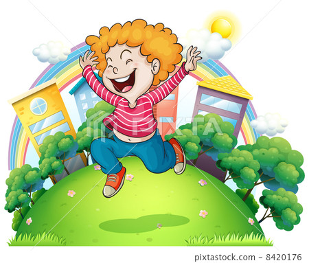 A young gentleman jumping for joy at the hill A young gentleman jumping for joy at the hill 8420176