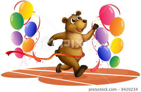 A bear running in the middle of colorful balloons 8420234