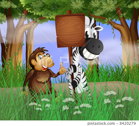 A zebra and a gorilla beside the empty wooden signboard A zebra and a gorilla beside the empty wooden signboard 8420279