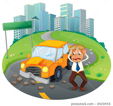 A car accident at the road near the high buildings 8420458