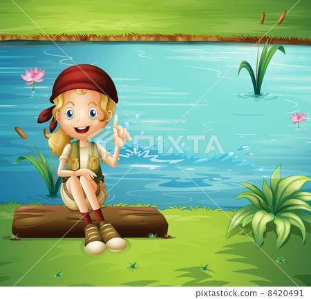 A girl sitting above a log at the riverbank A girl sitting above a log at the riverbank 8420491