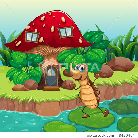 A cockroach dancing in front of a mushroom house 8420494