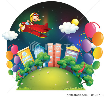 A city with balloons and airplane A city with balloons and airplane 8420713