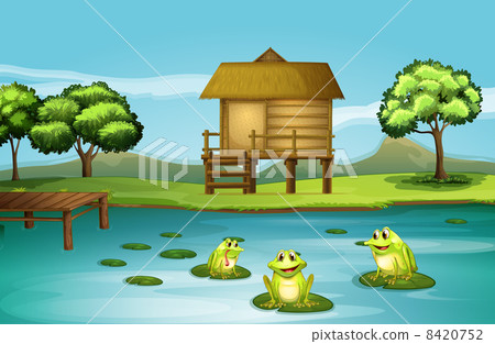A pond with three playful frogs 8420752