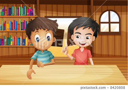 Two boys inside the saloon bar with books 8420808