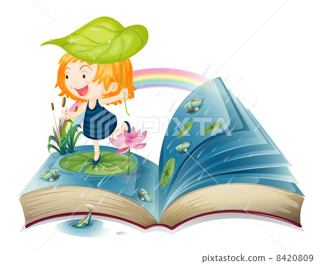 A book with an image of a girl at the pond 8420809