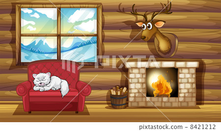 A cat sleeping above the chair near the fireplace 8421212