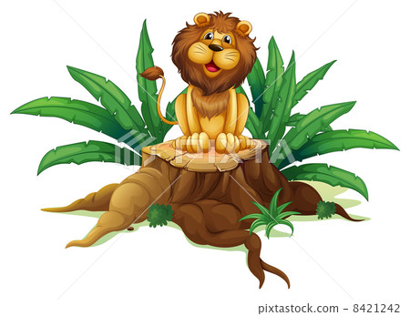 A lion sitting on a stump with leaves 8421242