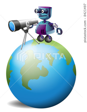 A robot with a telescope above the planet earth 8421497