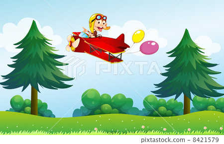 A monkey riding in an aircarft with two balloons 8421579