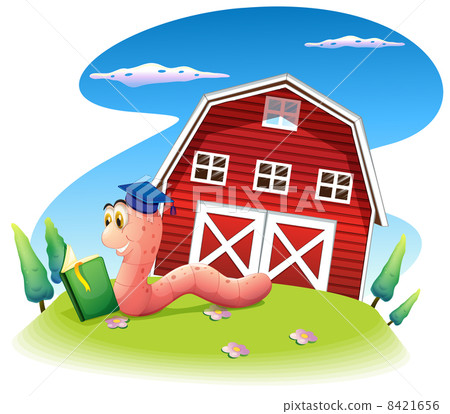 A worm reading at the hill with a barnhouse A worm reading at the hill with a barnhouse 8421656