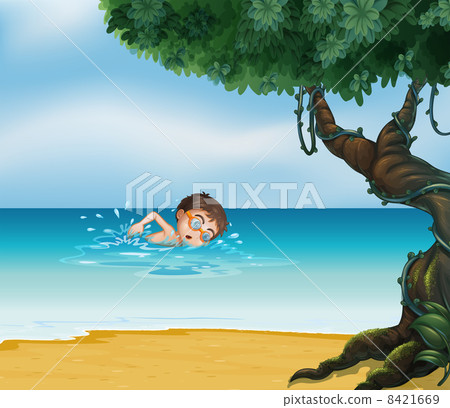 A boy swimming at the beach with an old tree 8421669
