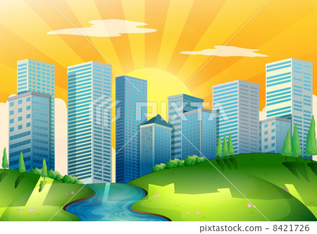 A river near the tall buildings 8421726
