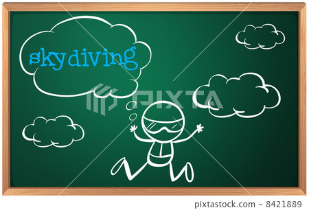 A blackboard with a drawing of a boy sky diving A blackboard with a drawing of a boy sky diving 8421889