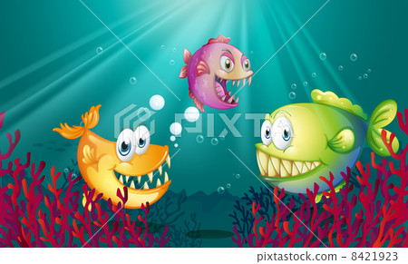 Piranhas under the sea with corals Piranhas under the sea with corals 8421923