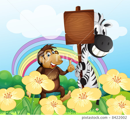 A monkey and a zebra at the garden with an empty board 8422002