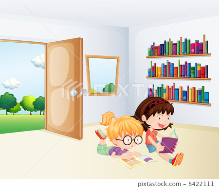 Two girls reading inside a room 8422111
