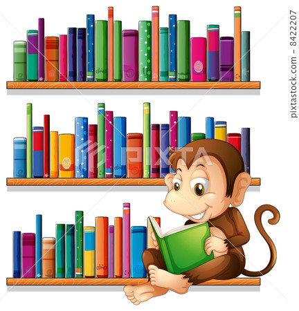 A monkey reading in front of the bookshelves A monkey reading in front of the bookshelves 8422207