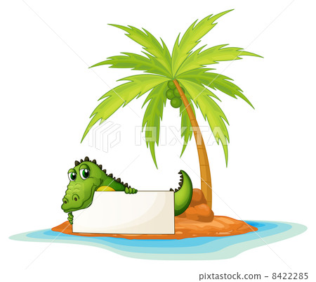 A crocodile holding an empty signboard in a small island 8422285
