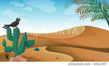 A bird above the cactus plant at the desert 8422297