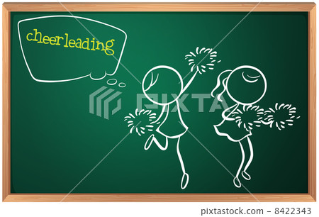A blackboard with a drawing of two cheerdancers 8422343