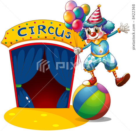 A clown with balloons balancing above a ball A clown with balloons balancing above a ball 8422368