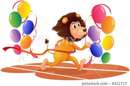 A lion running with colorful balloons 8422717