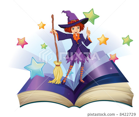 An open book with an image of a witch holding a broom 8422729