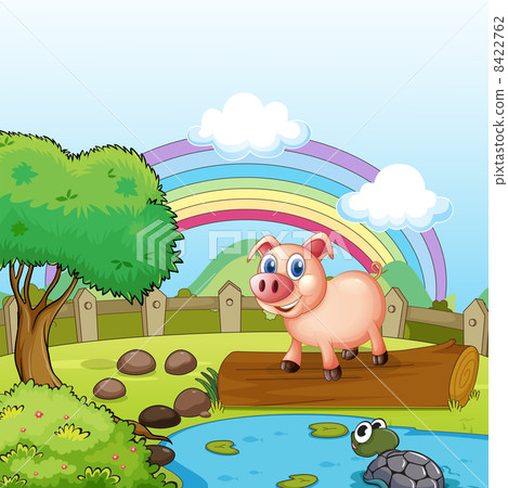 A pig standing above the trunk with a turtle at the pond 8422762