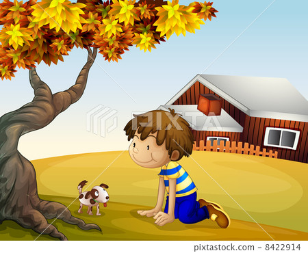A boy and his puppy under the tree A boy and his puppy under the tree 8422914