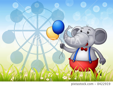 An elephant with balloons in front of the ferris wheel An elephant with balloons in front of the ferris wheel 8422919