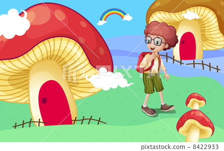A boy near the giant mushroom houses A boy near the giant mushroom houses 8422933