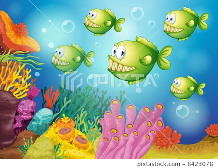 A group of green piranhas under the sea A group of green piranhas under the sea 8423078
