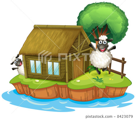 An island with a native house and two sheeps An island with a native house and two sheeps 8423079
