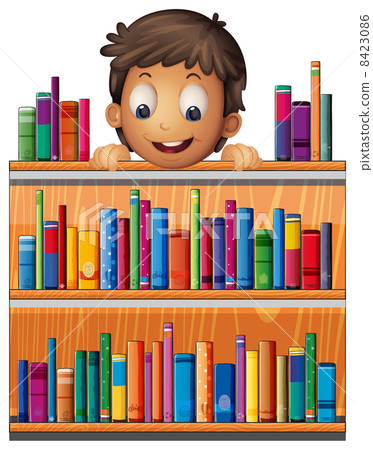 A boy at the back of a wooden shelves with books A boy at the back of a wooden shelves with books 8423086