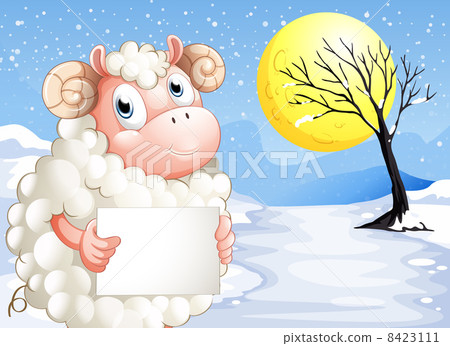 A sheep in the snow with an empty signage A sheep in the snow with an empty signage 8423111