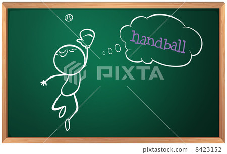 A blackboard with a drawing of a boy playing handball 8423152