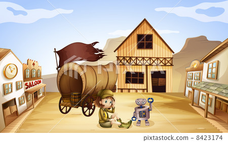 A robot and a girl beside a wagon A robot and a girl beside a wagon 8423174