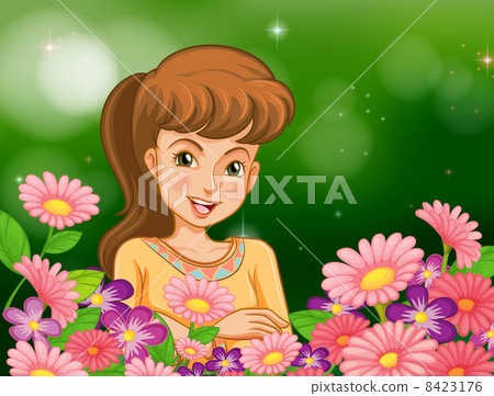 A smiling girl at the garden with flowers A smiling girl at the garden with flowers 8423176