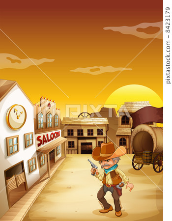 An old cowboy holding a gun outside the saloon An old cowboy holding a gun outside the saloon 8423179