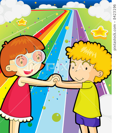 A colorful road with a girl and a boy holding hands A colorful road with a girl and a boy holding hands 8423196