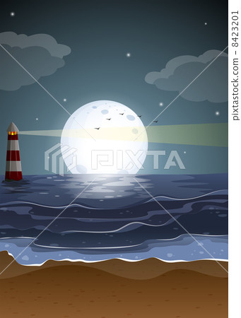 A beach with a lighthouse and a fullmoon A beach with a lighthouse and a fullmoon 8423201